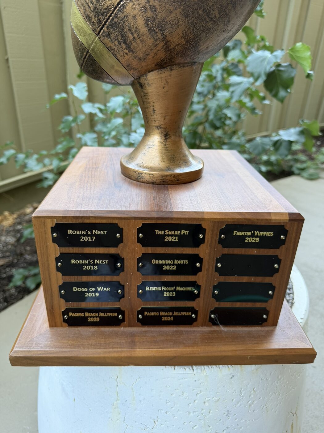 Champion plates 2017 through 2025, with three blank plates waiting
